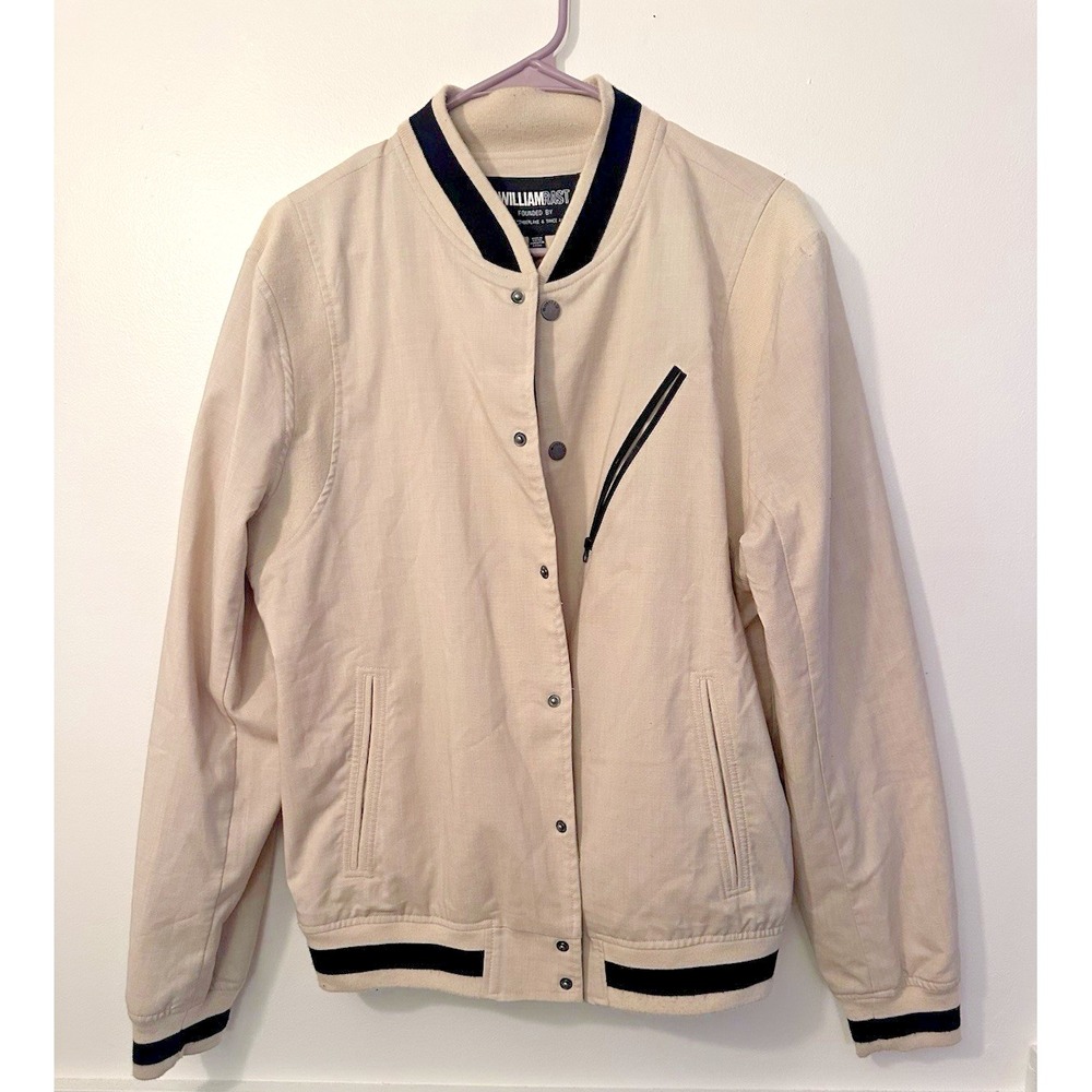 William Rast Bomber Jacket Mens Med Ivory White Snap Front Varsity Lightweight M